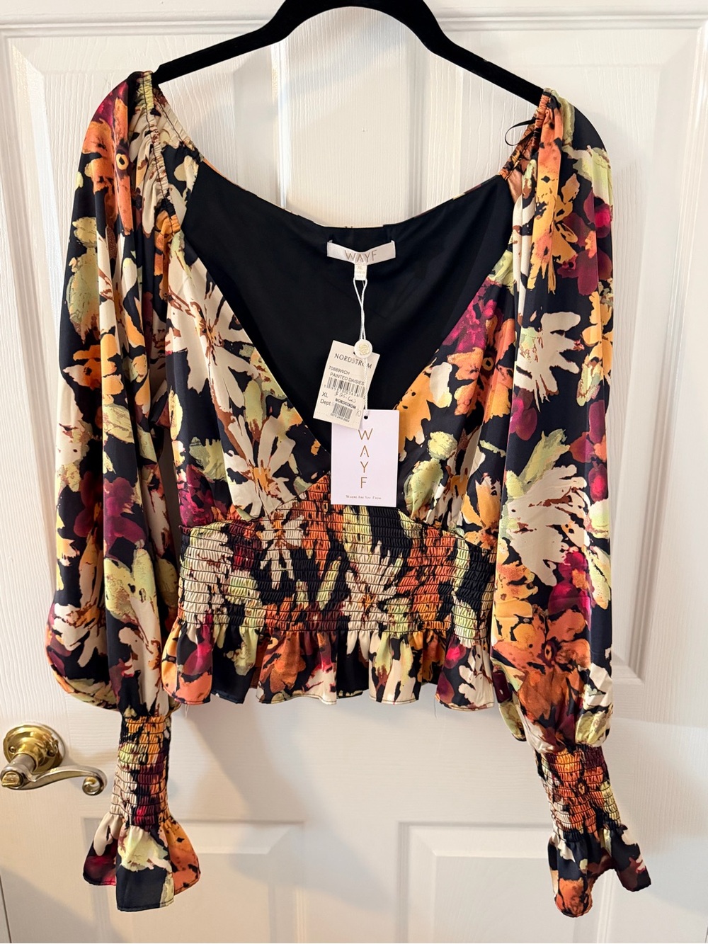 Wayf Black Floral V-Neck Smocked Waist Blouse